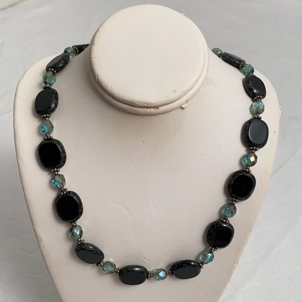 Handmade multicolor beaded necklace black iridescent aqua